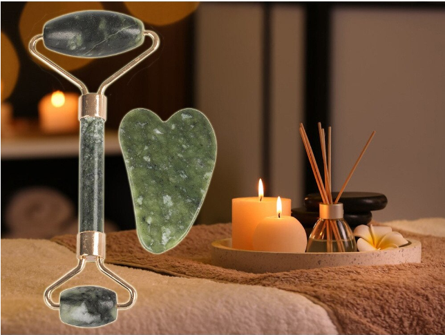 Set Masaj Facial 2 in 1, Rola Jad Verde si Piatra Gua Sha, Detalii Aurii, Anti-Rid si Relaxare [6]