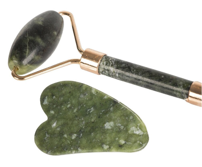 Set Masaj Facial 2 in 1, Rola Jad Verde si Piatra Gua Sha, Detalii Aurii, Anti-Rid si Relaxare [3]