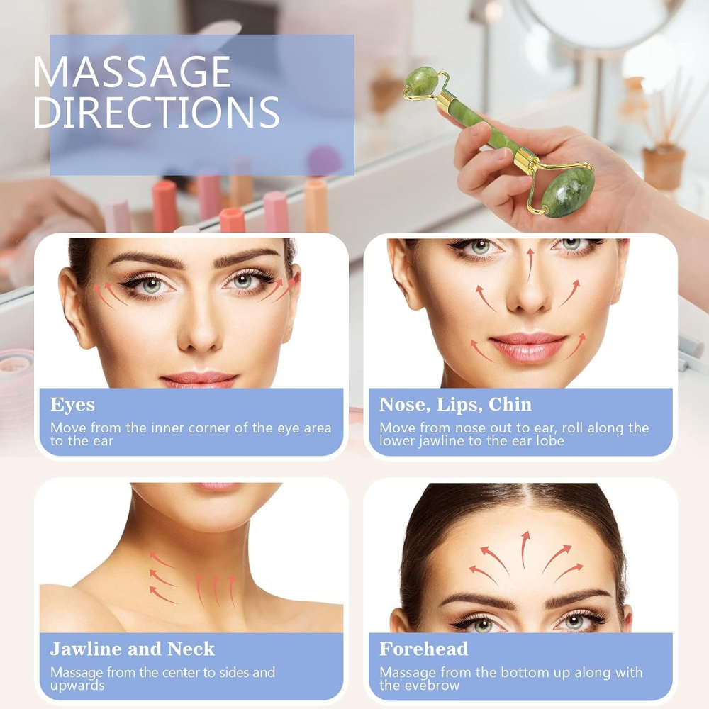 Set Masaj Facial 2 in 1: Rola Dubla (Roller) din Jad Verde si Piatra Gua Sha, Calitate Premium, Efect Anti-Aging, Lifting si Drenaj Limfatic [8]
