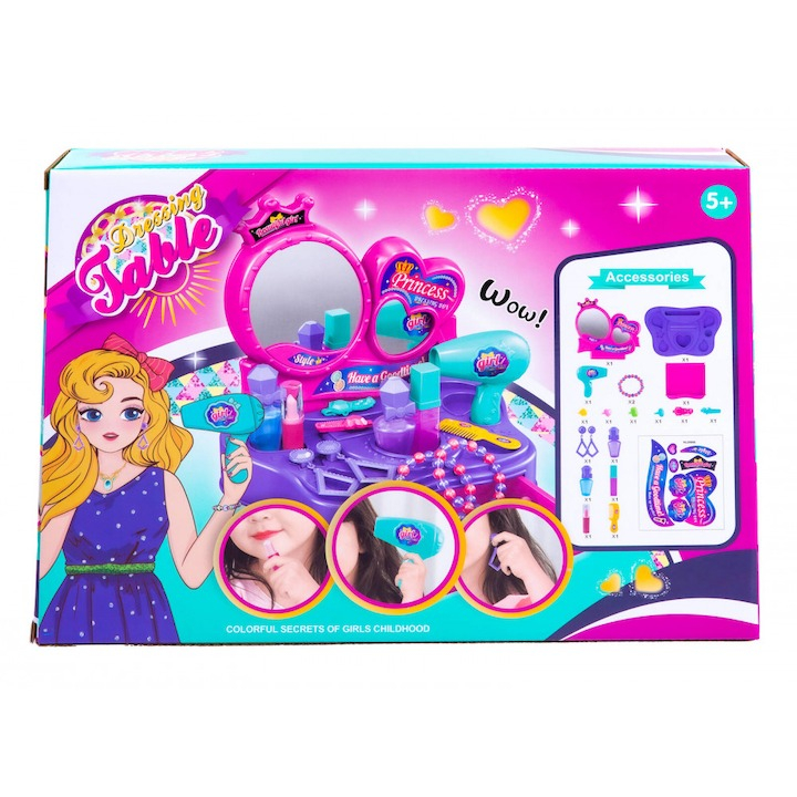 Set masuta de toaleta pentru copii, uscator, parfum, bijuterii, plastic, multicolor, 34 x 24 x 5.5 cm [2]