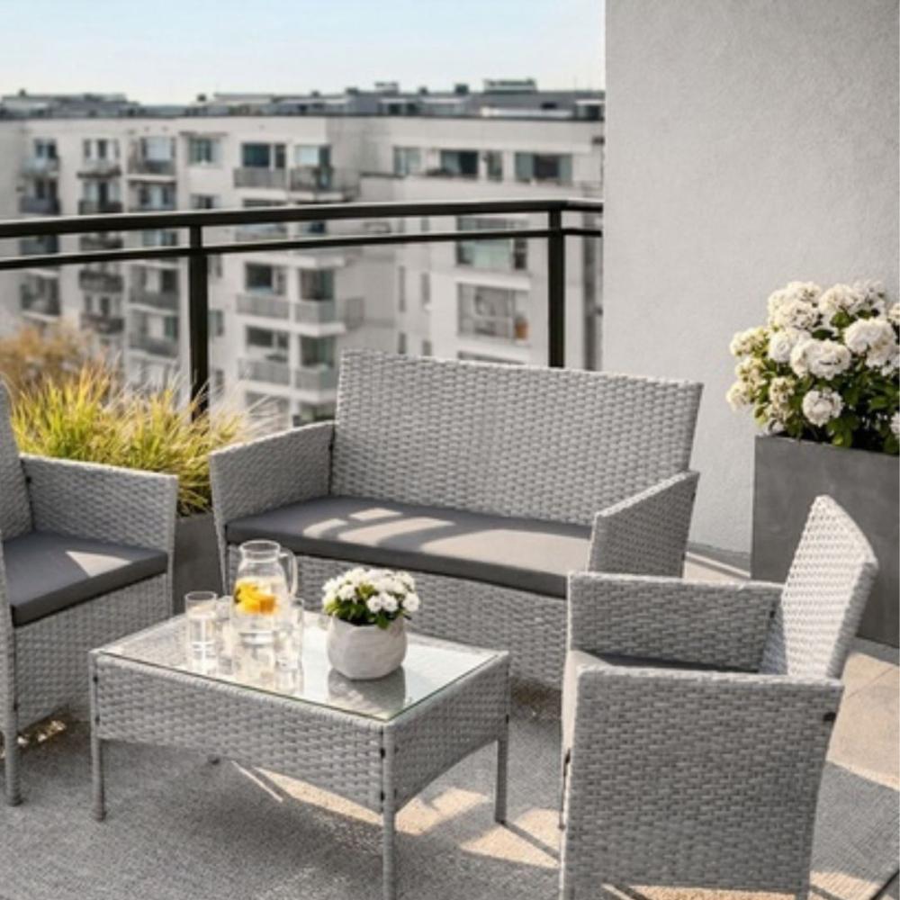 Set mobilier gradina ratan gri deschis cu canapea 2 locuri, 2 fotolii si masa sticla, perne incluse, rezistent exterior [8]