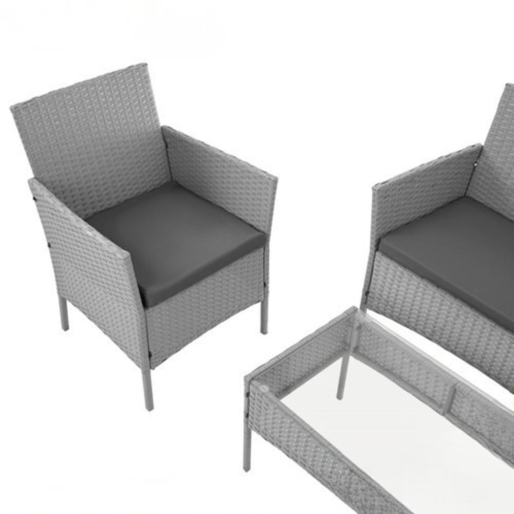 Set mobilier gradina ratan gri deschis cu canapea 2 locuri, 2 fotolii si masa sticla, perne incluse, rezistent exterior [14]