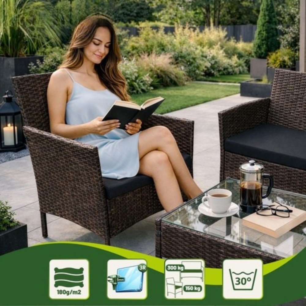 Set mobilier gradina ratan maro cu canapea 2 locuri, 2 fotolii si masa sticla, perne incluse, rezistent exterior [11]