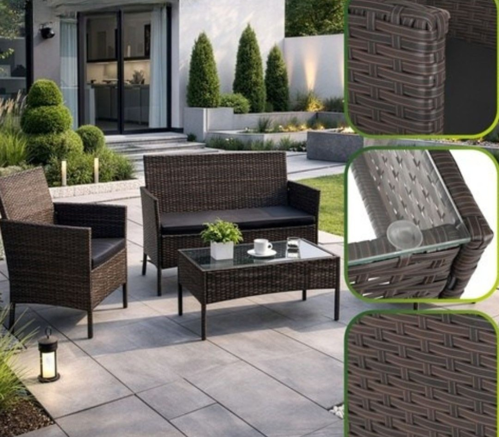 Set mobilier gradina ratan maro cu canapea 2 locuri, 2 fotolii si masa sticla, perne incluse, rezistent exterior [12]