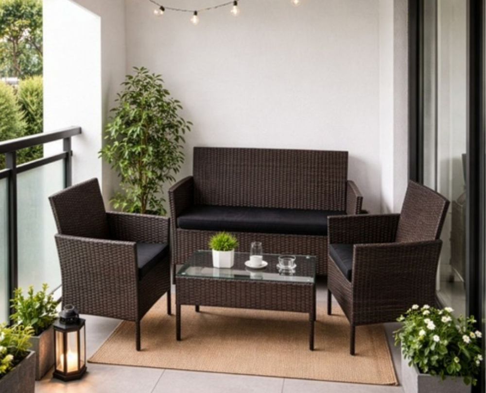 Set mobilier gradina ratan maro cu canapea 2 locuri, 2 fotolii si masa sticla, perne incluse, rezistent exterior [10]