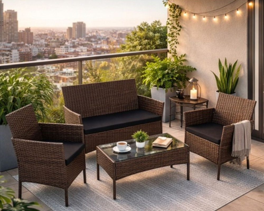 Set mobilier gradina ratan maro cu canapea 2 locuri, 2 fotolii si masa sticla, perne incluse, rezistent exterior [9]