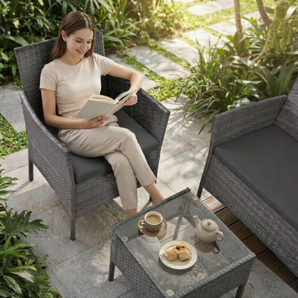 Set mobilier gradina technoratan 4 piese, canapea 2 locuri, 2 fotolii, masa cu blat sticla si perne gri inchis [2]