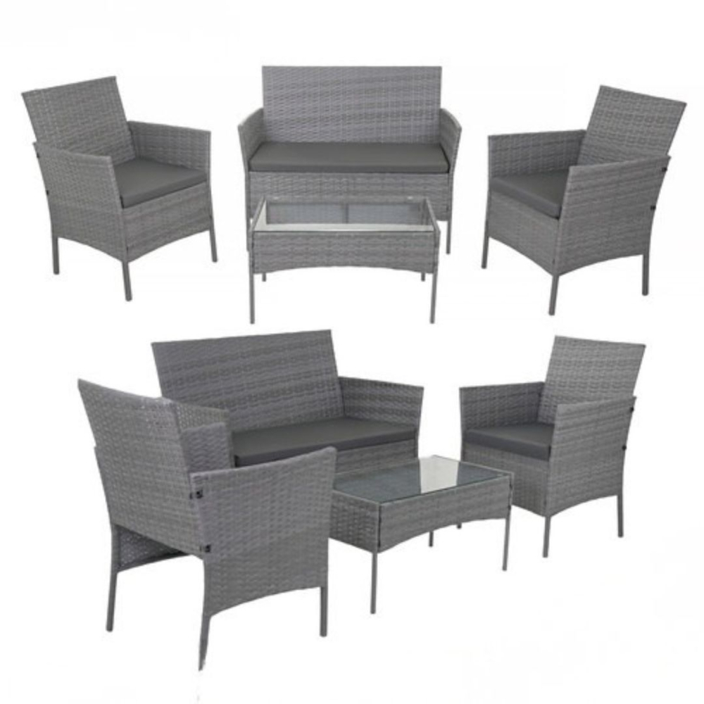 Set mobilier gradina technoratan 4 piese, canapea 2 locuri, 2 fotolii, masa cu blat sticla si perne gri inchis [11]