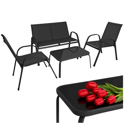 Set mobilier gradina, terasa, balcon, canapea 2 locuri, masa, 2 scaune, metal/sticla, negru [10]
