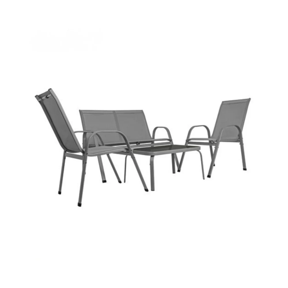 Set mobilier pentru balcon si terasa, canapea 2 locuri, 2 scaune si masuta cu blat din sticla securizata, cadru metalic, gri [8]