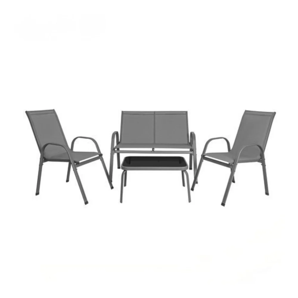 Set mobilier pentru balcon si terasa, canapea 2 locuri, 2 scaune si masuta cu blat din sticla securizata, cadru metalic, gri [6]