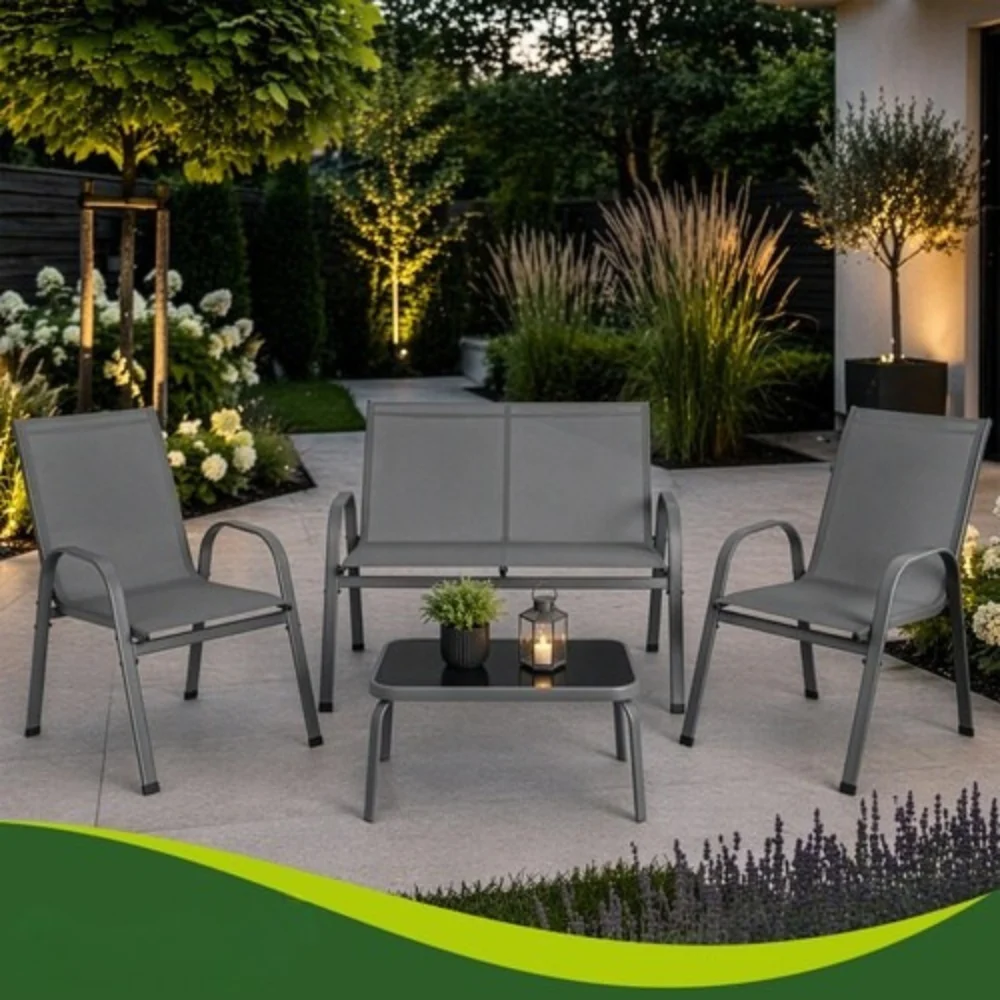 Set mobilier pentru balcon si terasa, canapea 2 locuri, 2 scaune si masuta cu blat din sticla securizata, cadru metalic, gri [3]