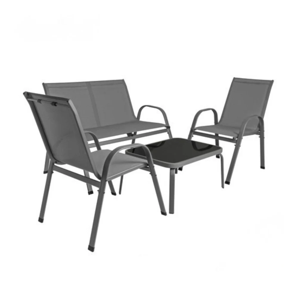 Set mobilier pentru balcon si terasa, canapea 2 locuri, 2 scaune si masuta cu blat din sticla securizata, cadru metalic, gri [9]