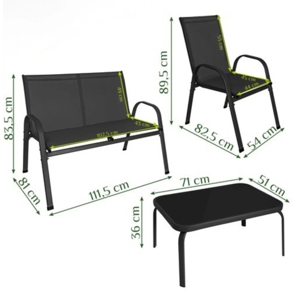 Set mobilier pentru balcon si terasa, canapea 2 locuri, 2 scaune si masuta cu blat din sticla securizata, cadru metalic, negru [2]