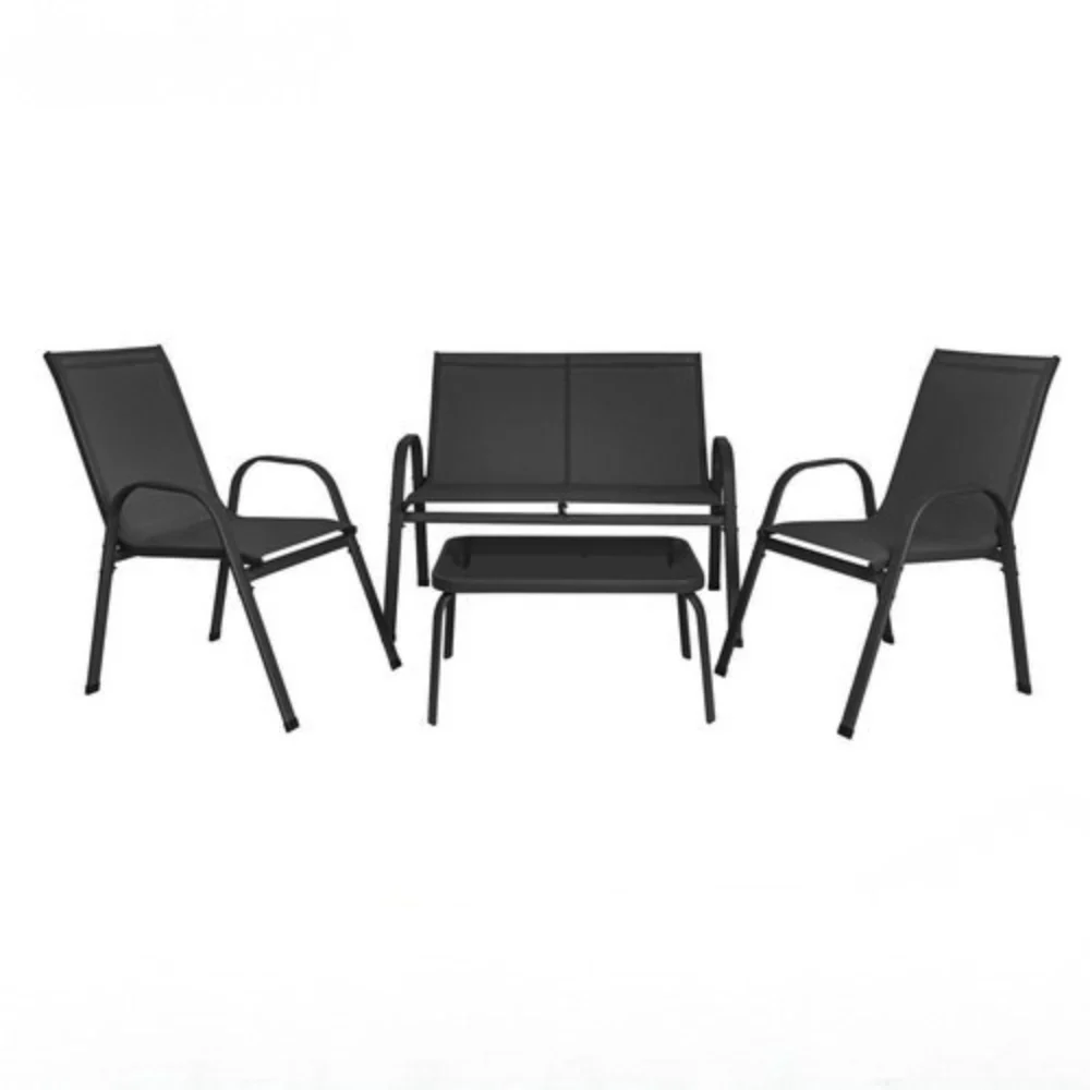 Set mobilier pentru balcon si terasa, canapea 2 locuri, 2 scaune si masuta cu blat din sticla securizata, cadru metalic, negru [4]