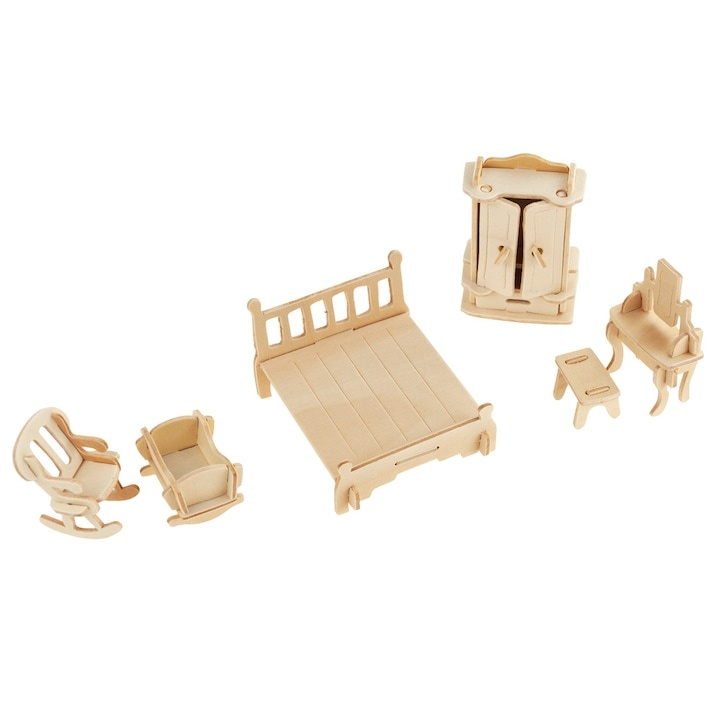 Set mobilier pentru casuta de papusi natur, 34 piese din lemn DIY, mobilier miniatural de asamblat si personalizat, 175 elemente, 3 ani+ [21]