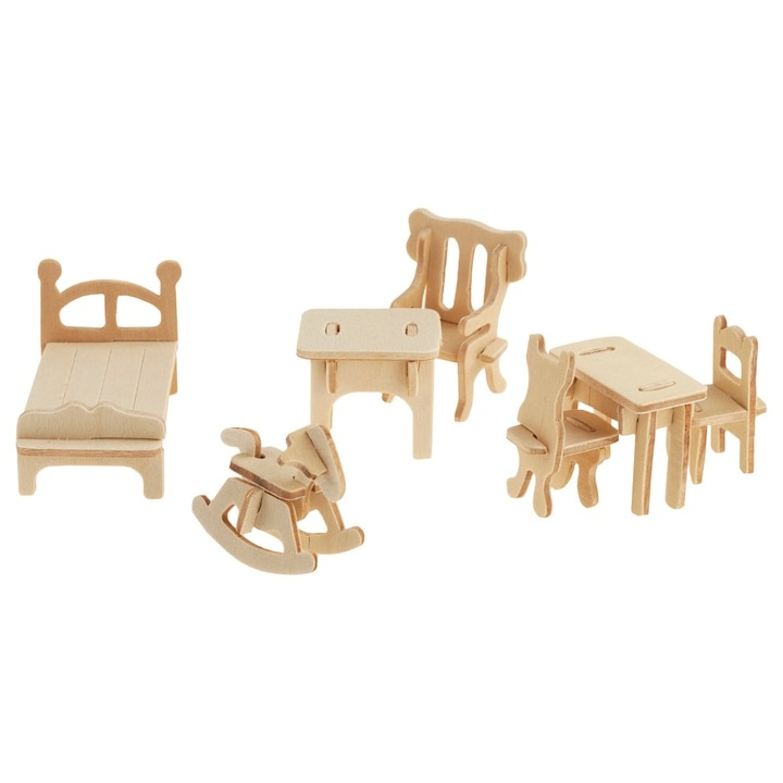 Set mobilier pentru casuta de papusi natur, 34 piese din lemn DIY, mobilier miniatural de asamblat si personalizat, 175 elemente, 3 ani+ [24]