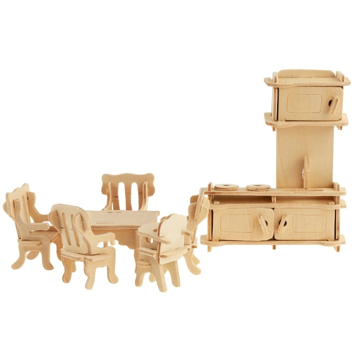 Set mobilier pentru casuta de papusi natur, 34 piese din lemn DIY, mobilier miniatural de asamblat si personalizat, 175 elemente, 3 ani+ [22]