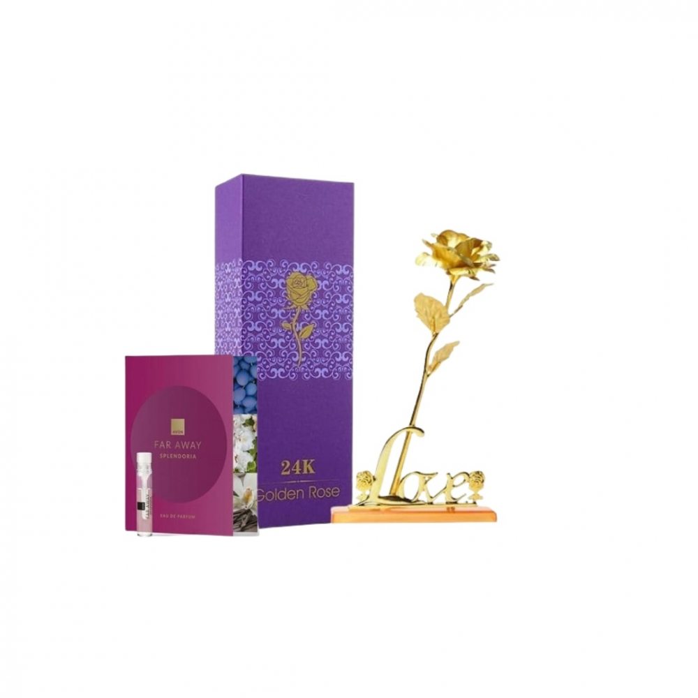 Set mostra de parfum 2 ml Avon si trandafir auriu cu suport si cutie cadou, suflat la baza cu auriu