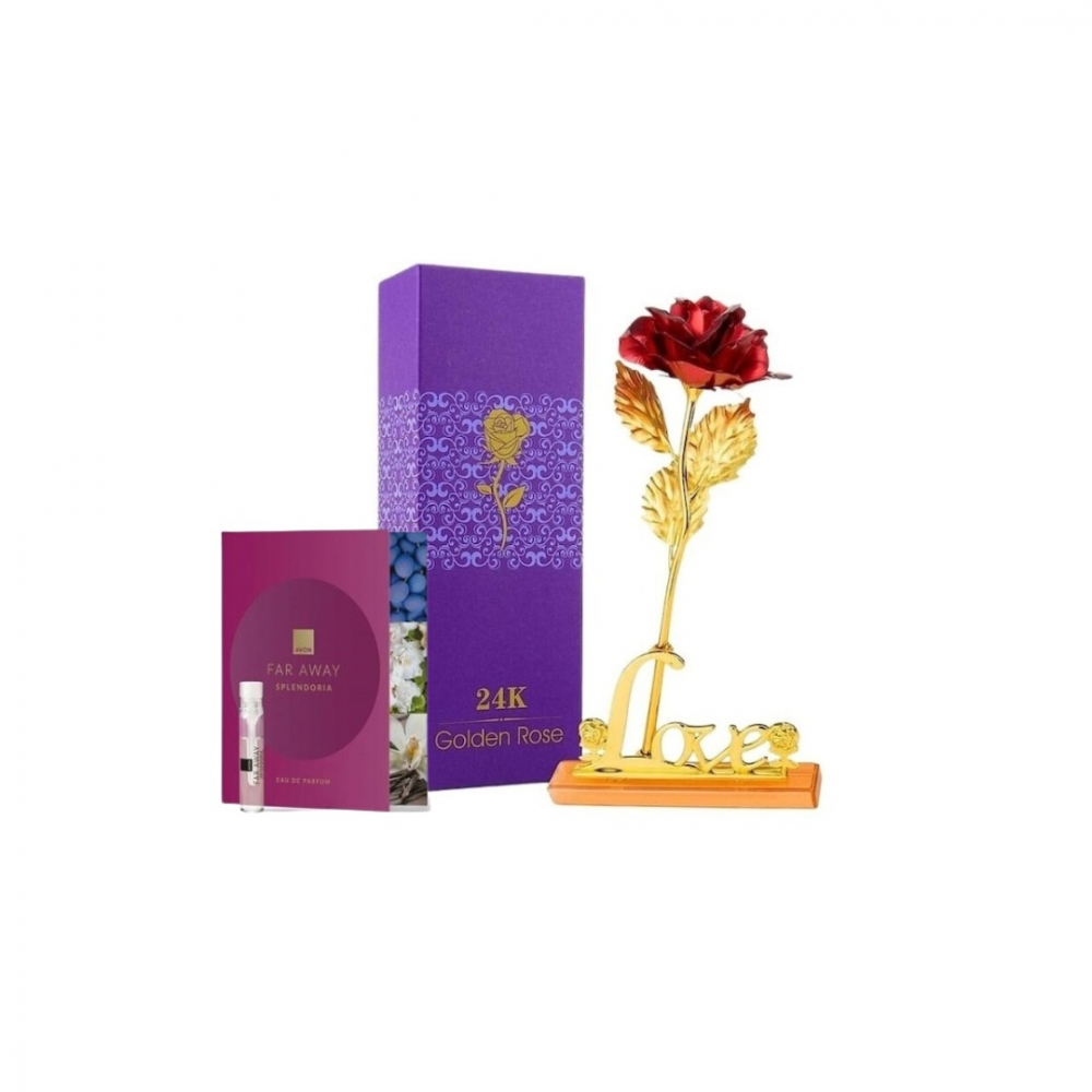 Set mostra de parfum 2 ml Avon si trandafir rosu cu suport si cutie cadou, suflat la baza cu auriu