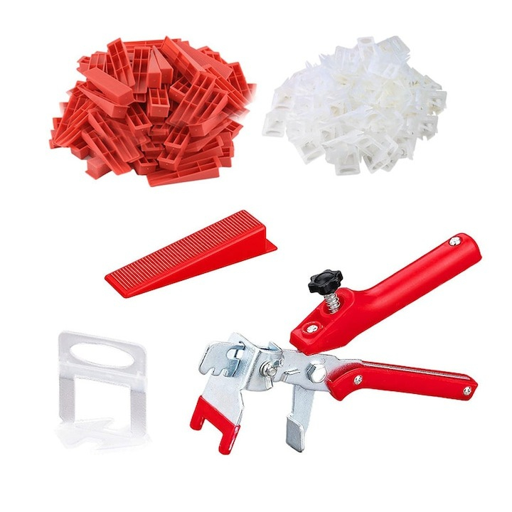 Set nivelare gresie 600 clipsuri de 1.5 mm si 200 pene cu latimea de 22 mm + cleste nivelare