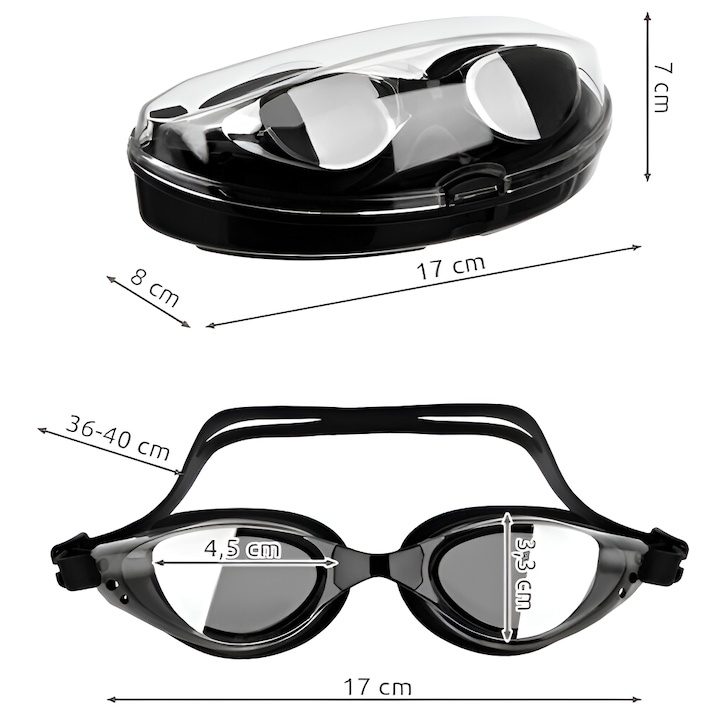 Set ochelari inot cu protectie UV, lentile anti-aburire, dopuri urechi si clips nas, curea reglabila silicon, carcasa depozitare inclusa [8]