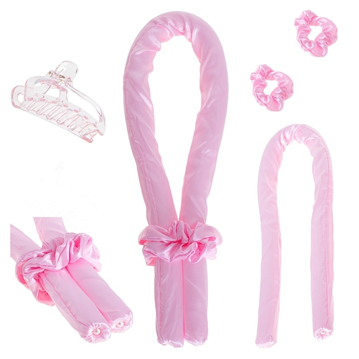 Set ondulator de par fara caldura, din spuma moale, accesorii incluse, roz – bucle uniforme si volum peste noapte, fara deteriorarea firului de par [3]