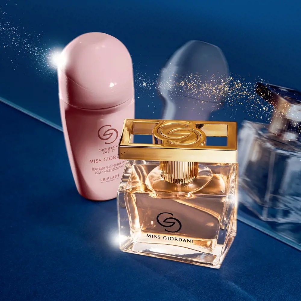 Set Oriflame Giordani Gold Miss Giordani pentru femei, apa de parfum 50 ml si deodorant roll-on antiperspirant parfumat 50 ml, aroma floral fructat lemnoasa [2]