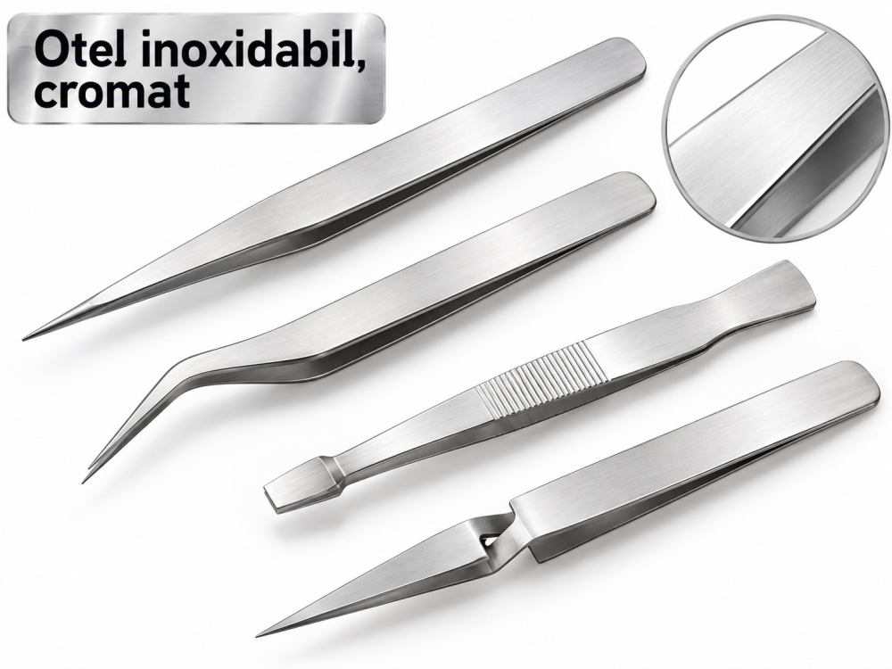 Set pensete argintii 105-120 mm, 4 piese din otel inoxidabil, varf drept, curbat si plat, [3]