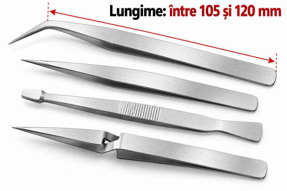 Set pensete argintii 105-120 mm, 4 piese din otel inoxidabil, varf drept, curbat si plat, [2]