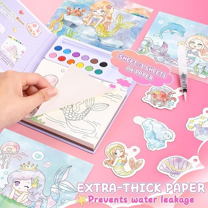 Set pentru copii, carte de colorat si acuarele, 12 culori, pensula, model sirena, 20 foi, 15.7 x 18.8 x 1.8 cm [4]