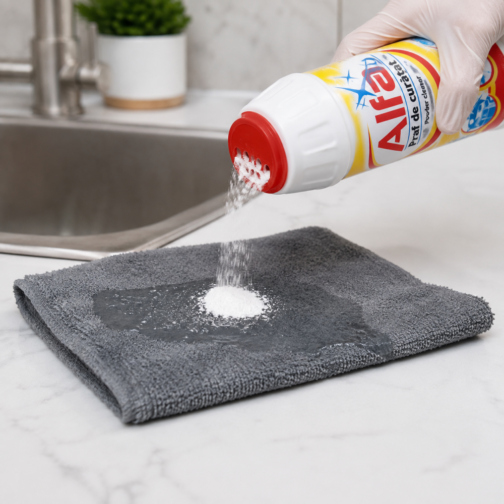 Set pentru curatare baie si bucatarie, laveta absorbanta din microfibra 20 x 30 cm, gri + praf de curatat Alfa 500 g, pentru indepartarea grasimii, petelor si murdariei persistente [2]
