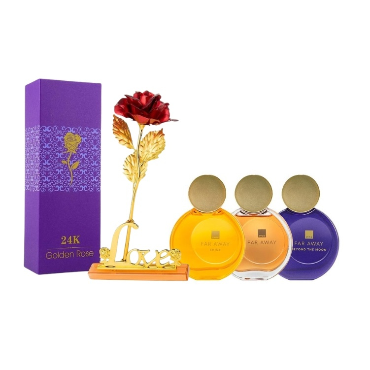 Set pentru dama, 3 ape de parfum Far Away si trandafir rosu suflat la baza cu aur, suport si cutie incluse