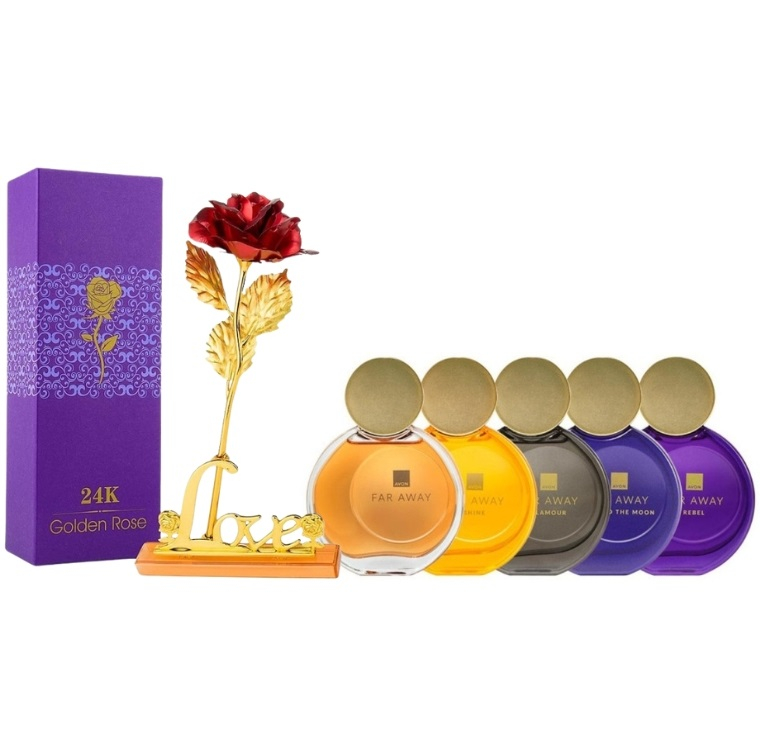 Set pentru dama, 5 ape de parfum Far Away si trandafir rosu suflat la baza cu aur, suport si cutie incluse