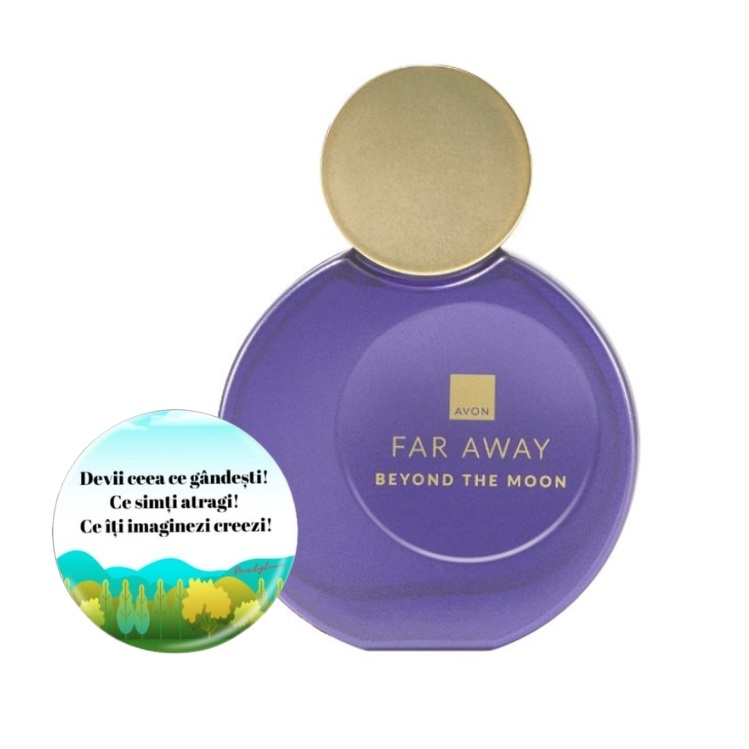 Set pentru dama, apa de parfum Far Away Beyond the Moon si insigna Dactylion cu mesaj motivational