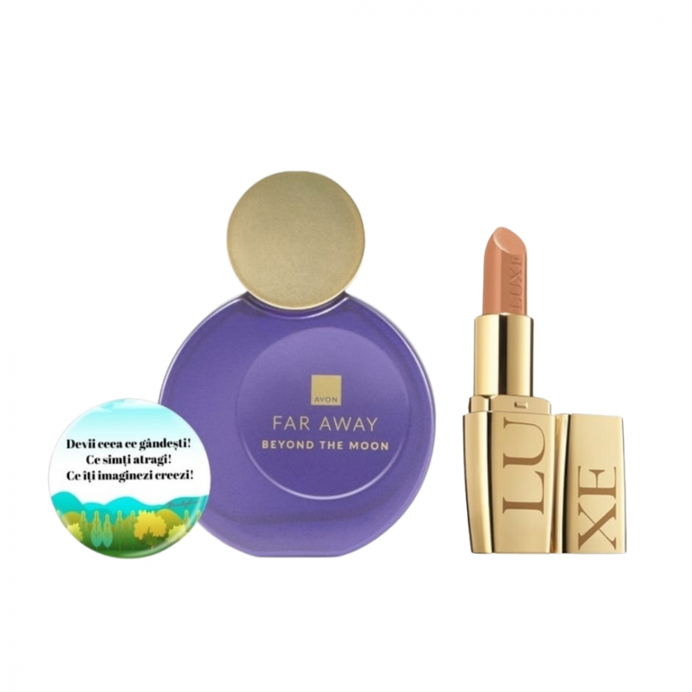 Set pentru dama, apa de parfum Far Away Beyond The Moon, Ruj Avon Luxe Lustering Nude si insigna Dactylion cu mesaj motivational