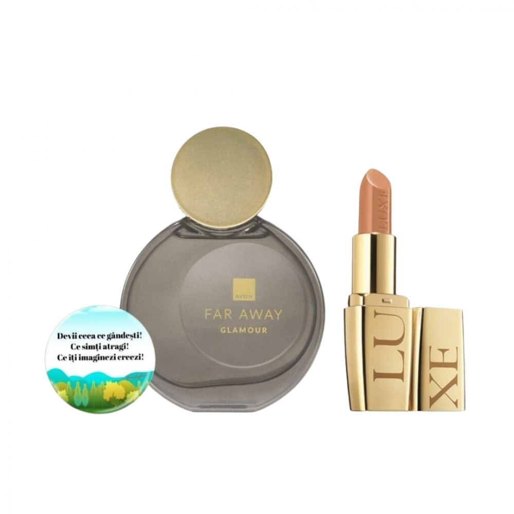 Set pentru dama, apa de parfum Far Away Glamour, Ruj Avon Luxe Lustering Nude si insigna Dactylion cu mesaj motivational