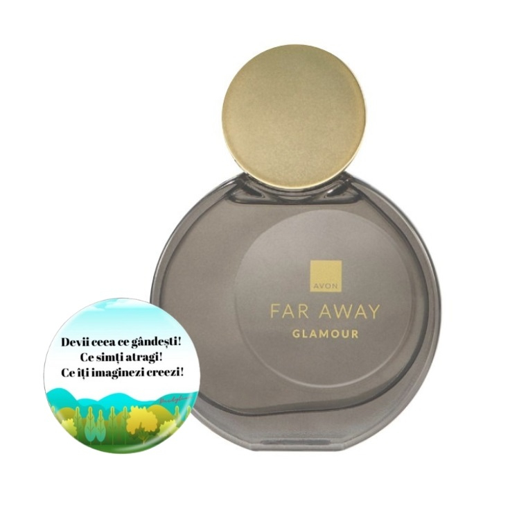 Set pentru dama, apa de parfum Far Away Glamour si insigna Dactylion cu mesaj motivational