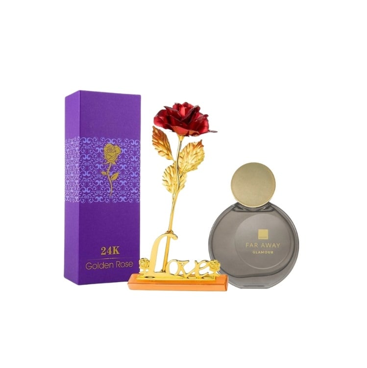 Set pentru dama, apa de parfum Far Away Glamour si trandafir rosu suflat la baza cu aur, suport si cutie incluse