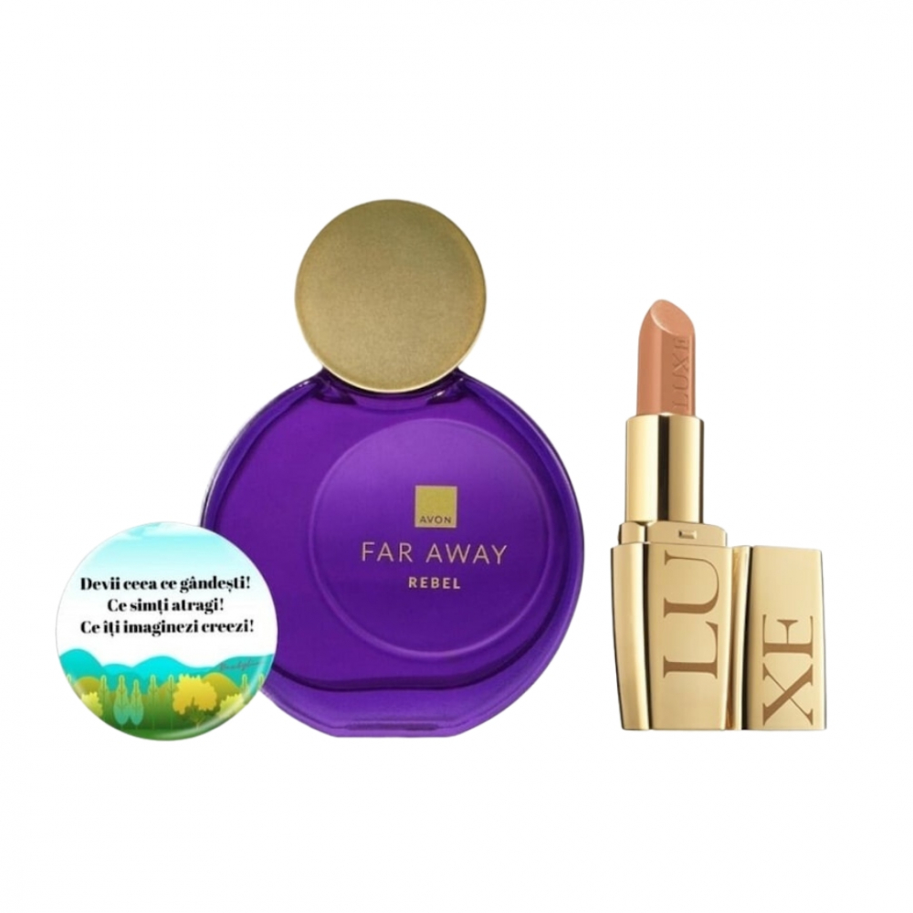 Set pentru dama, apa de parfum Far Away Rebel, Ruj Avon Luxe Lustering Nude si insigna Dactylion cu mesaj motivational