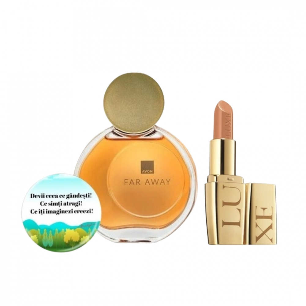 Set pentru dama, apa de parfum Far Away, Ruj Avon Luxe Lustering Nude si insigna Dactylion cu mesaj motivational