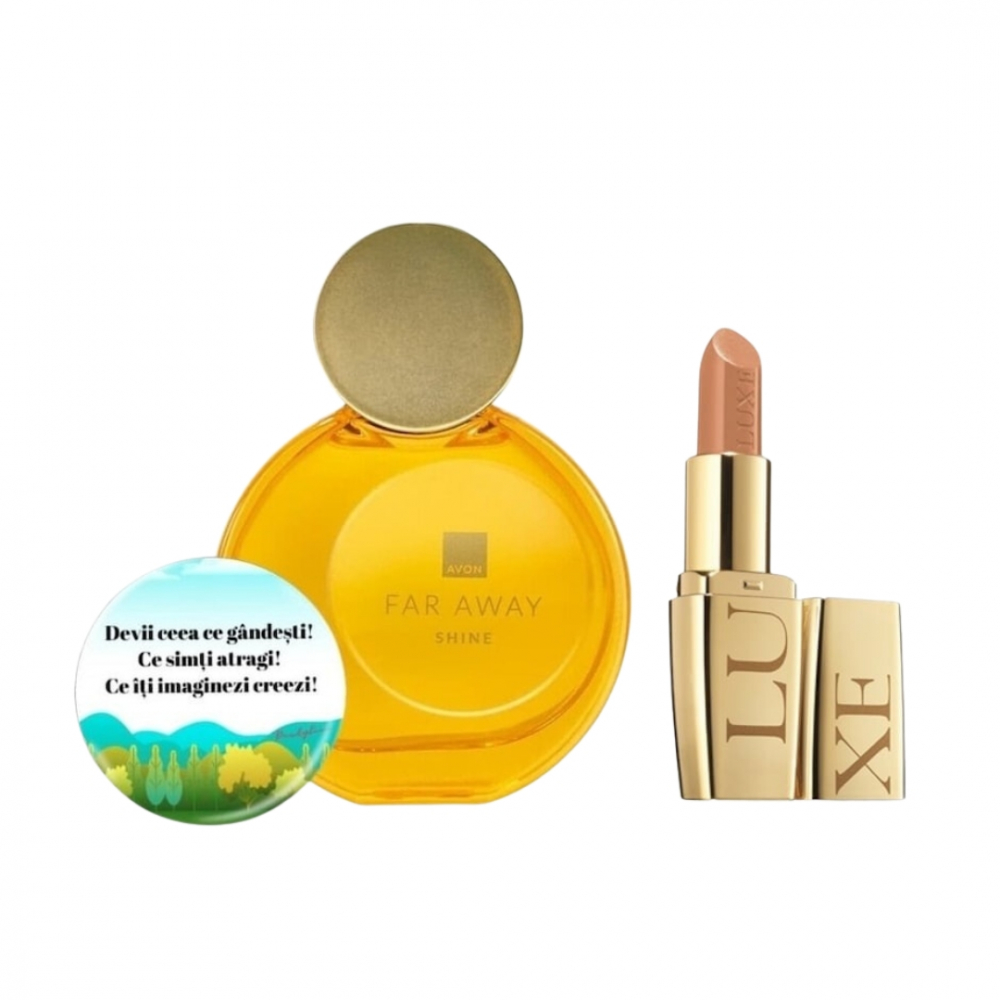 Set pentru dama, apa de parfum Far Away Shine, Ruj Avon Luxe Lustering Nude si insigna Dactylion cu mesaj motivational