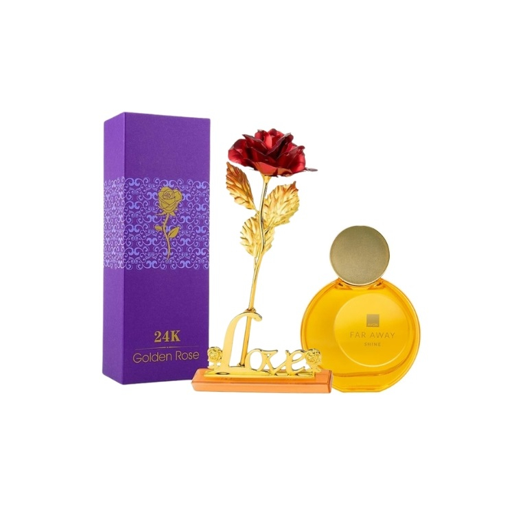 Set pentru dama, apa de parfum Far Away Shine si trandafir rosu suflat la baza cu aur, suport si cutie incluse