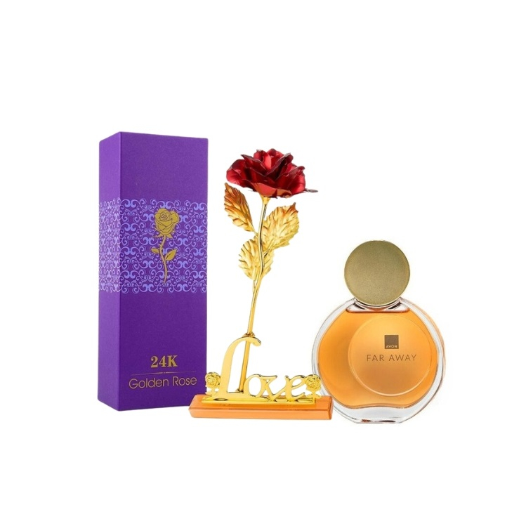 Set pentru dama, apa de parfum Far Away si trandafir rosu suflat la baza cu aur, suport si cutie incluse