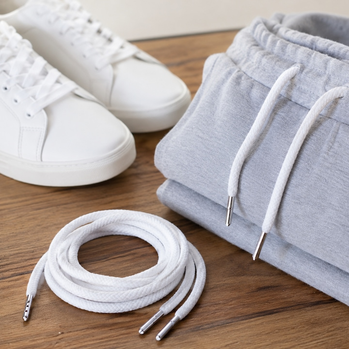 Set pereche snururi albe pentru hanorac si pantaloni sport, sireturi rotunde din bumbac cu capete metalice pentru gluga, jachete si incaltaminte, 130 cm [4]