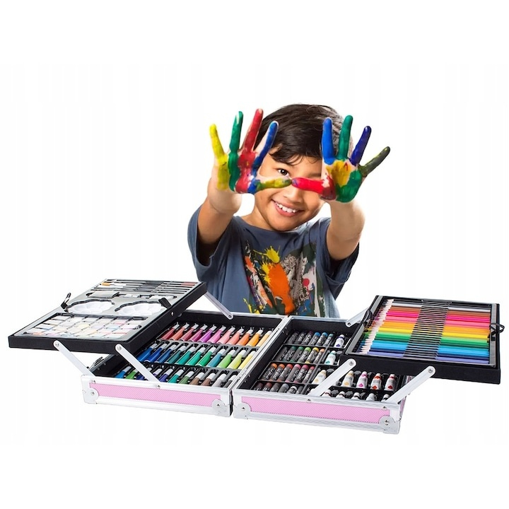 Set pictat si desen, 145 piese, gentuta depozitare stil geamantan, maner rezistent, 34 x 23 x 9 cm, roz – complet, educativ si usor de transportat pentru copii si pasionati de arta [11]