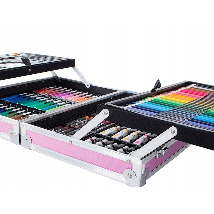 Set pictat si desen, 145 piese, gentuta depozitare stil geamantan, maner rezistent, 34 x 23 x 9 cm, roz – complet, educativ si usor de transportat pentru copii si pasionati de arta [13]