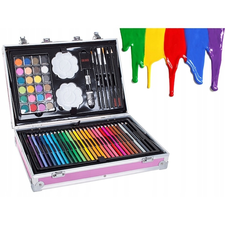 Set pictat si desen, 145 piese, gentuta depozitare stil geamantan, maner rezistent, 34 x 23 x 9 cm, roz – complet, educativ si usor de transportat pentru copii si pasionati de arta [10]