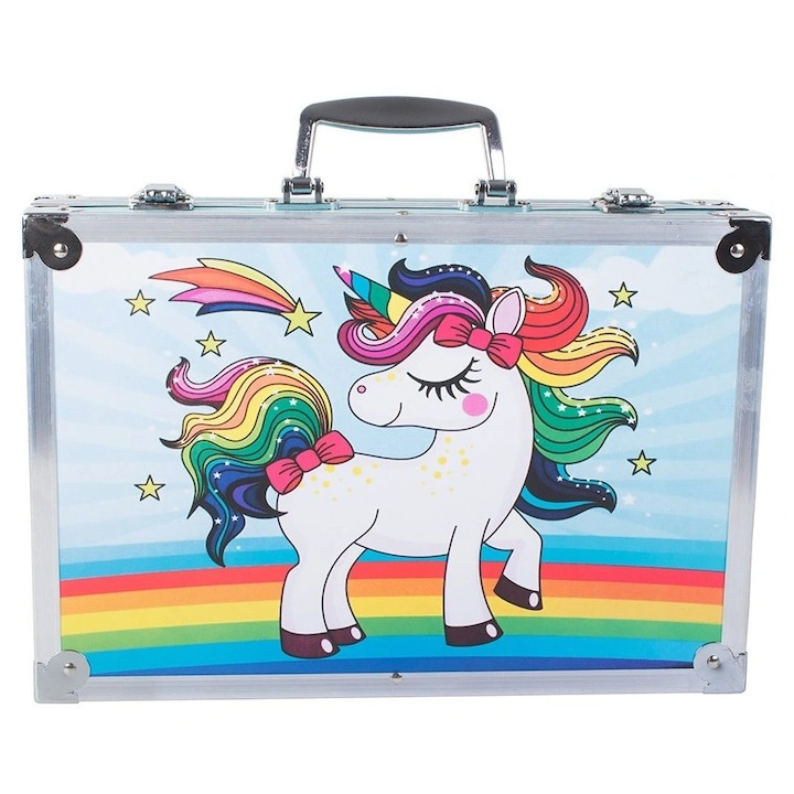 Set pictat si desen, 145 piese, gentuta depozitare stil gemantan, model Unicorn si curcubeu, albastru, 34 x 23 x 9 cm – complet, colorat si usor de transportat pentru micii artisti [12]