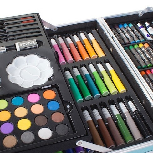 Set pictat si desen, 145 piese, gentuta depozitare stil gemantan, model Unicorn si curcubeu, albastru, 34 x 23 x 9 cm – complet, colorat si usor de transportat pentru micii artisti [6]